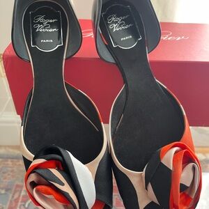 Roger Vivier Black and Red Heels with Floral Accent